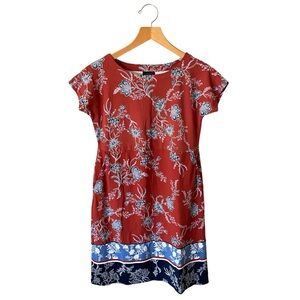 J. Jill Burgundy Rust Blue Floral Jersey Knit Shift Dress XS Wearever Collection